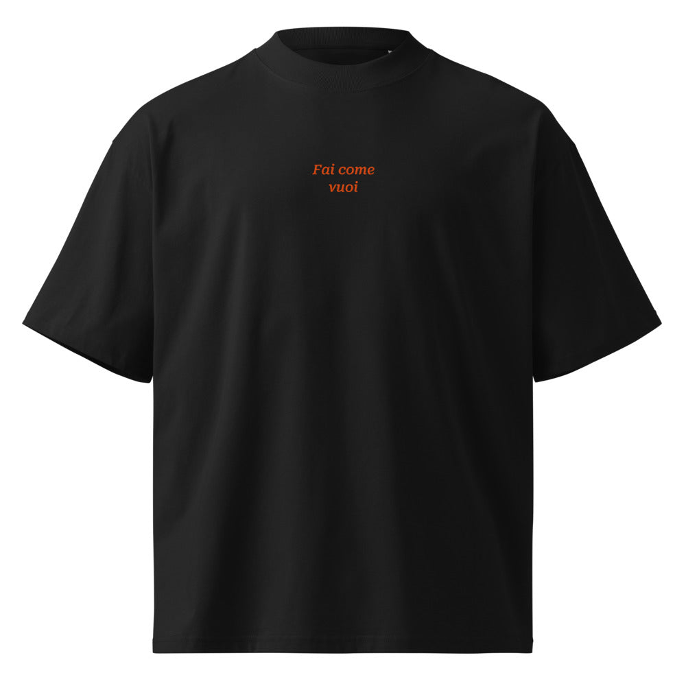 Fai come vuoi — t-shirt oversize nera, ricamo arancione