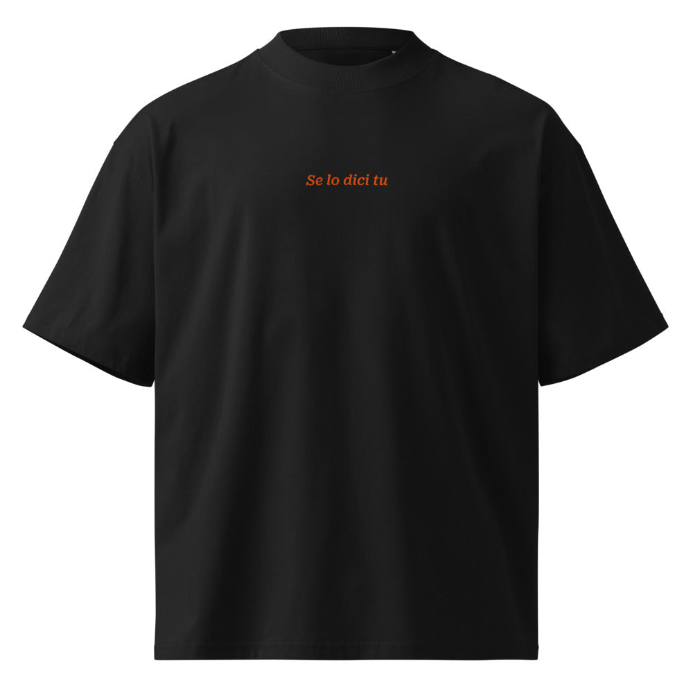 Se lo dici tu — t-shirt oversize nera, ricamo arancione
