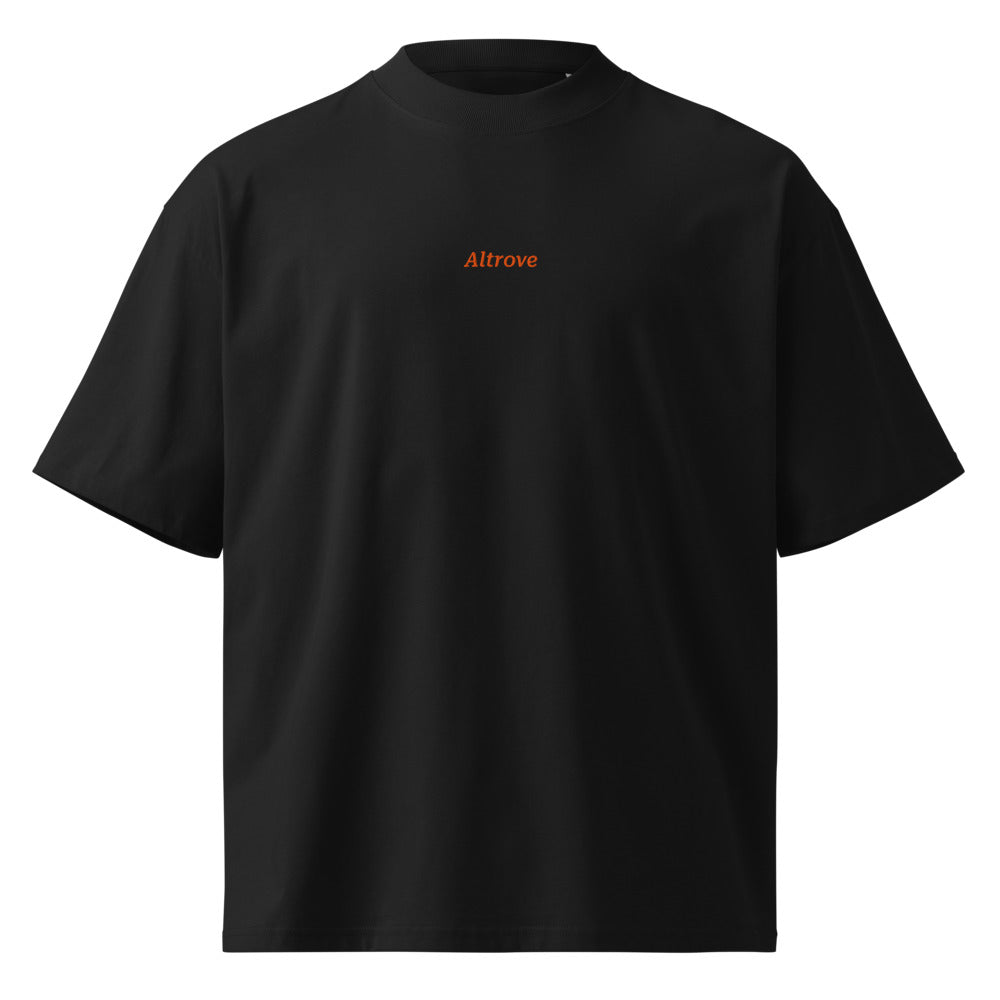 Altrove — t-shirt oversize nera, ricamo arancione