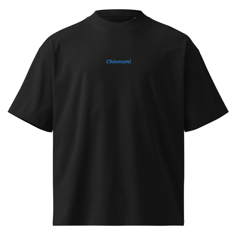 Chiamami — t-shirt oversize nera, ricamo acqua pavone