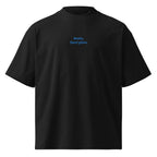 Resta, fuori piove — t-shirt oversize nera, ricamo acqua pavone