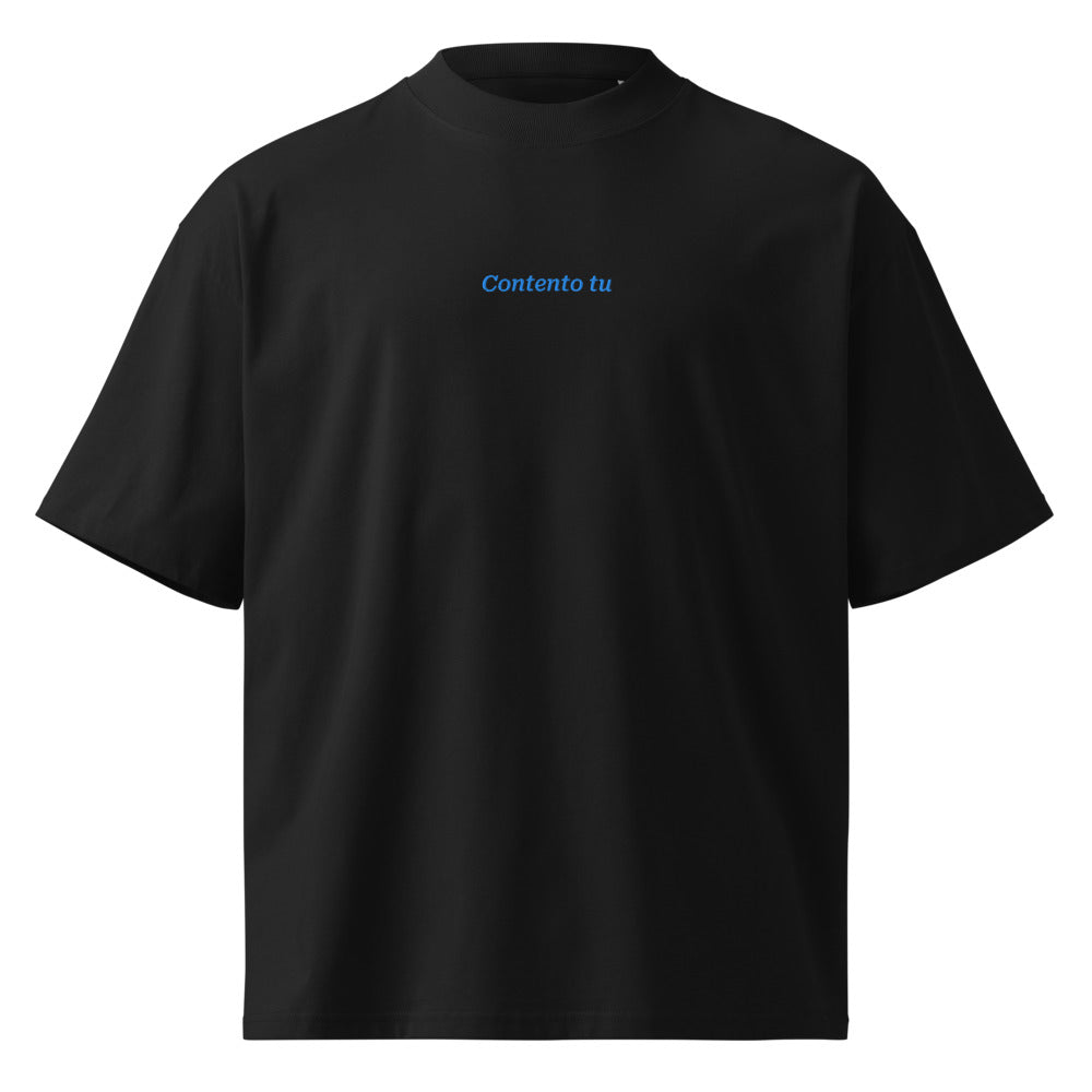Contento tu — t-shirt oversize nera, ricamo acqua pavone
