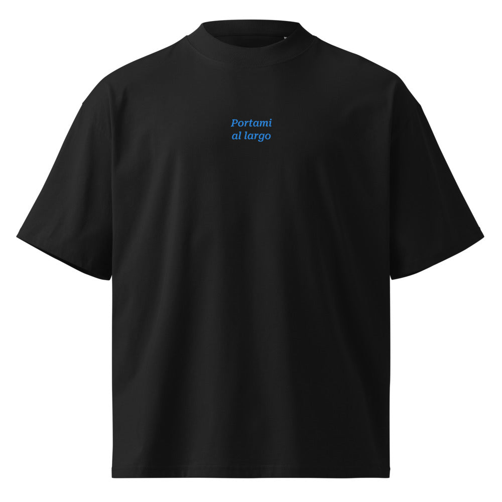 Portami al largo — t-shirt oversize nera, ricamo acqua pavone