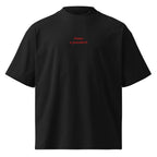 Passo a prenderti — t-shirt oversize nera, ricamo rosso