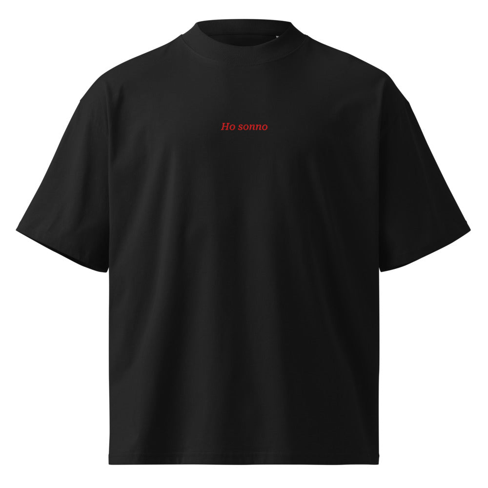 Ho sonno — t-shirt oversize nera, ricamo rosso