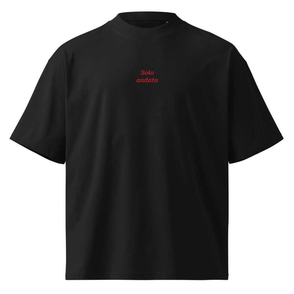 Solo andata — t-shirt oversize nera, ricamo rosso