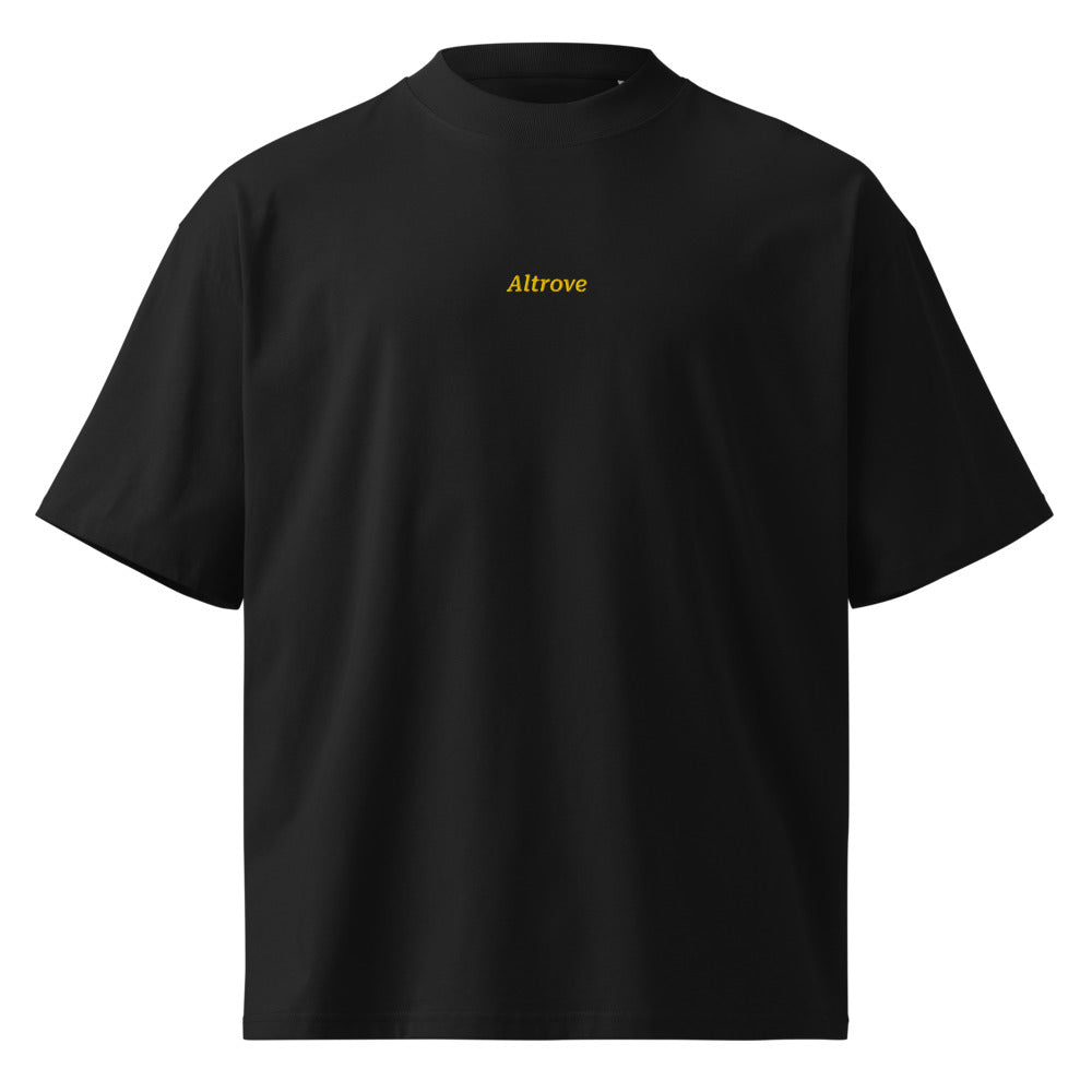 Altrove — t-shirt oversize nera, ricamo giallo