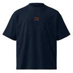 Prima il caffè — t-shirt oversize blu, ricamo arancione