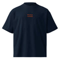 Mi passa correndo — t-shirt oversize blu, ricamo arancione