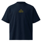 Mi aspetti al traguardo? — t-shirt oversize blu, ricamo giallo