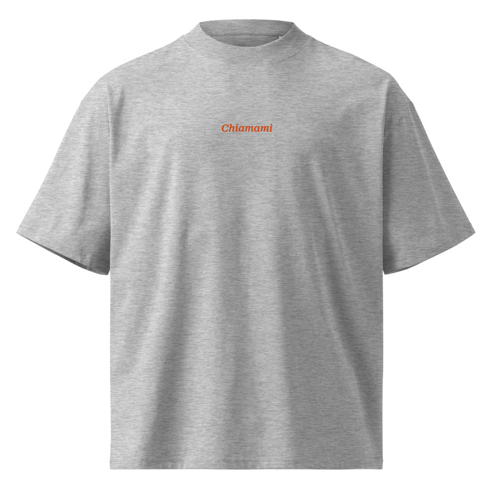 Chiamami — t-shirt oversize grigia, ricamo arancione