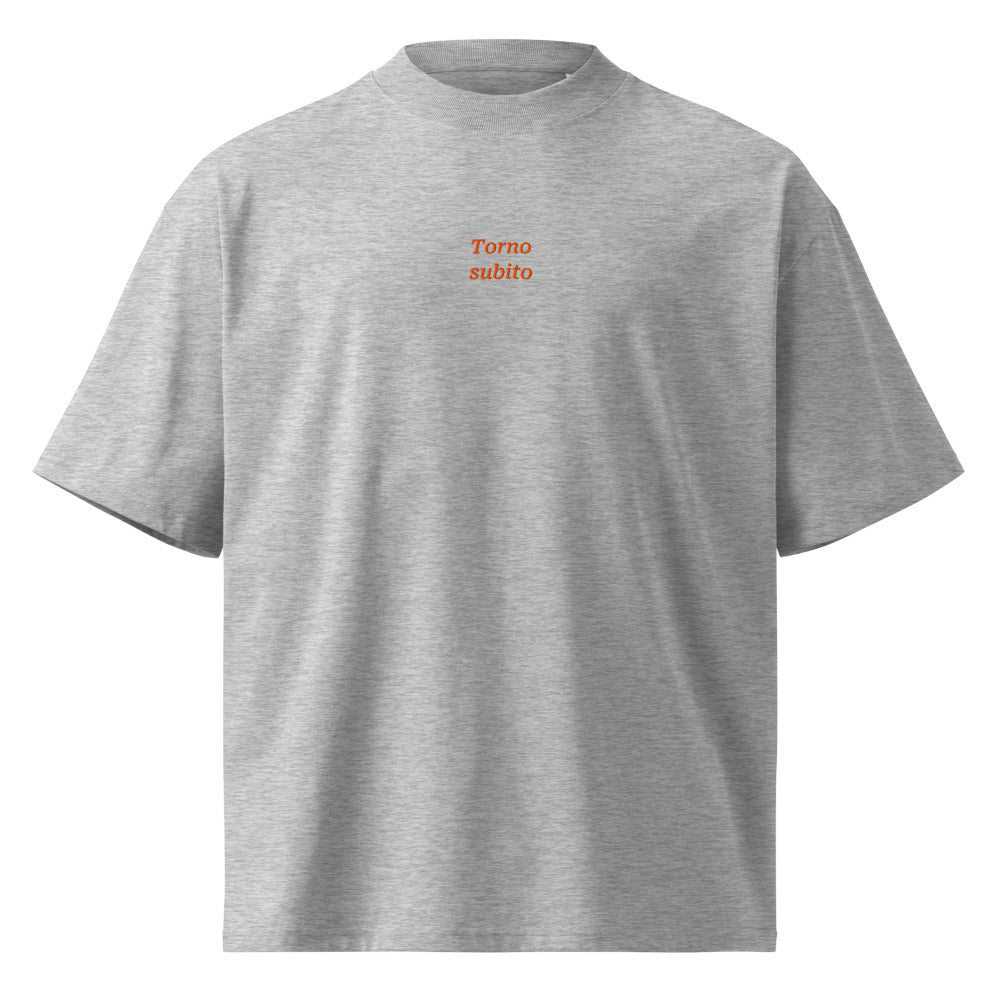 Torno subito — t-shirt oversize grigia, ricamo arancione
