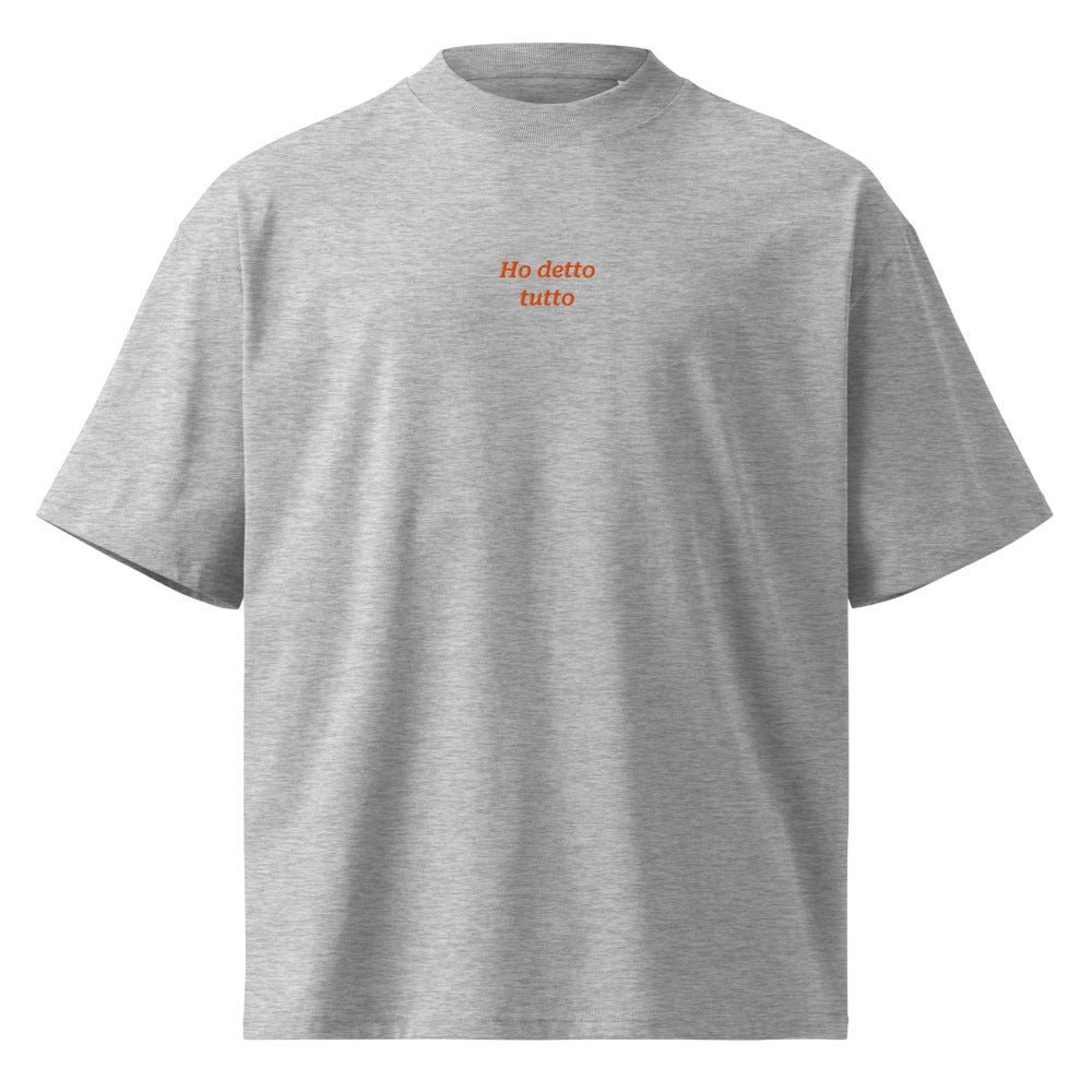 Ho detto tutto — t-shirt oversize grigia, ricamo arancione