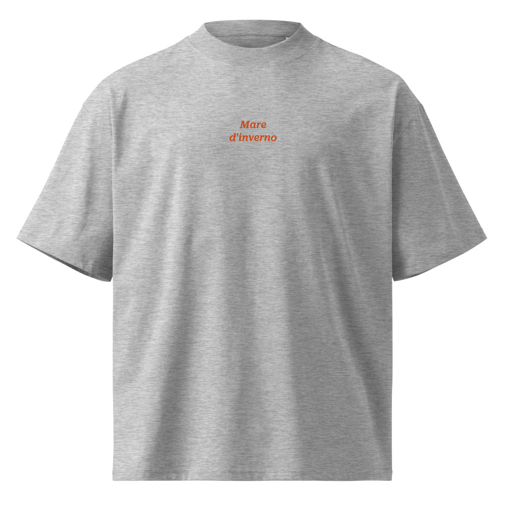 Mare d'inverno — t-shirt oversize grigia, ricamo arancione