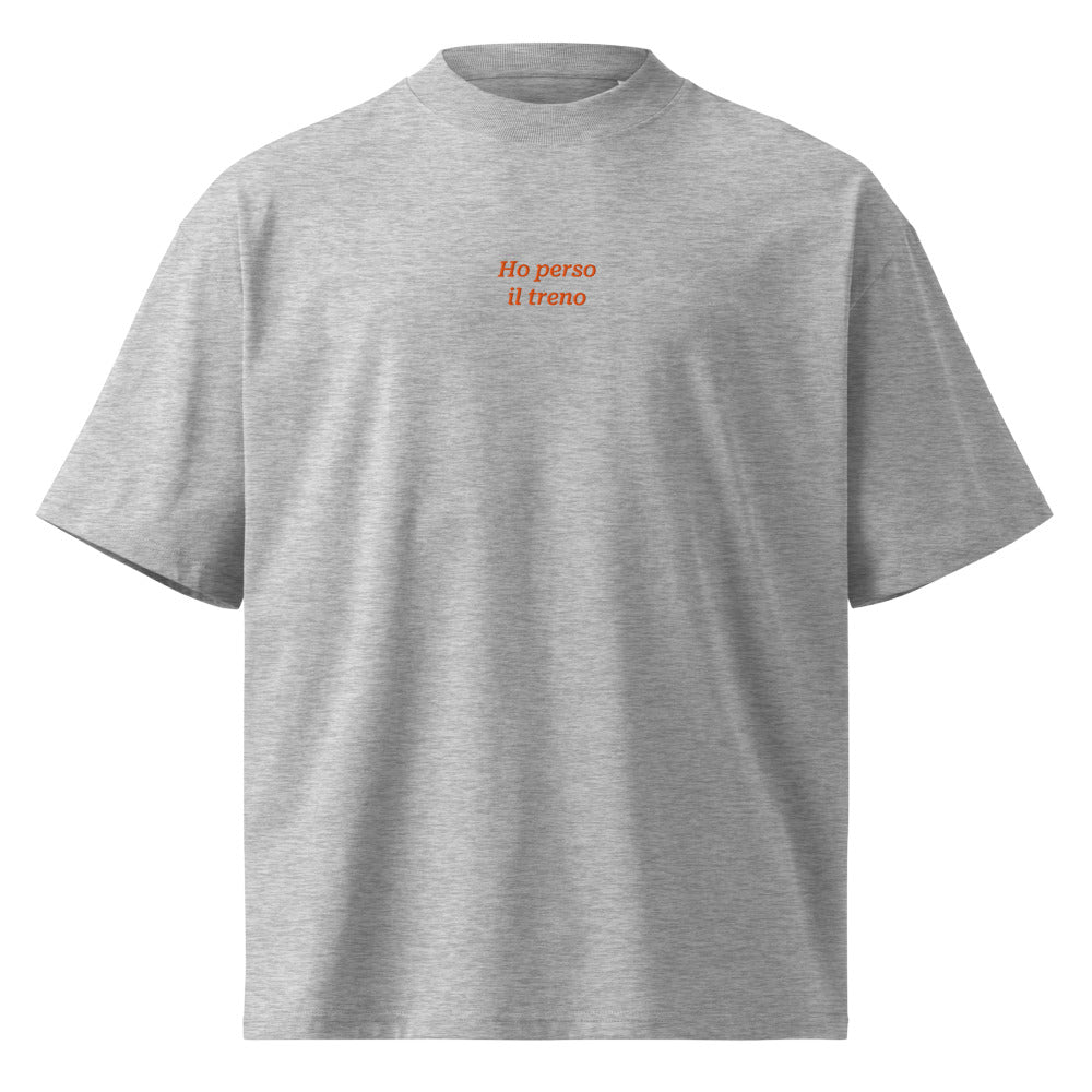 Ho perso il treno — t-shirt oversize grigia, ricamo arancione