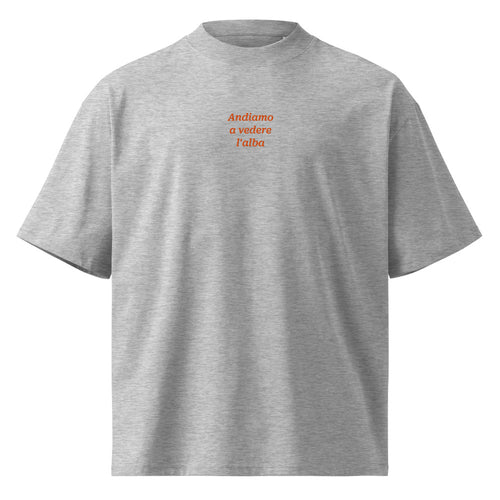 Andiamo a vedere l'alba — t-shirt oversize grigia, ricamo arancione