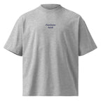 Facciamo tardi — t-shirt oversize grigia, ricamo blu