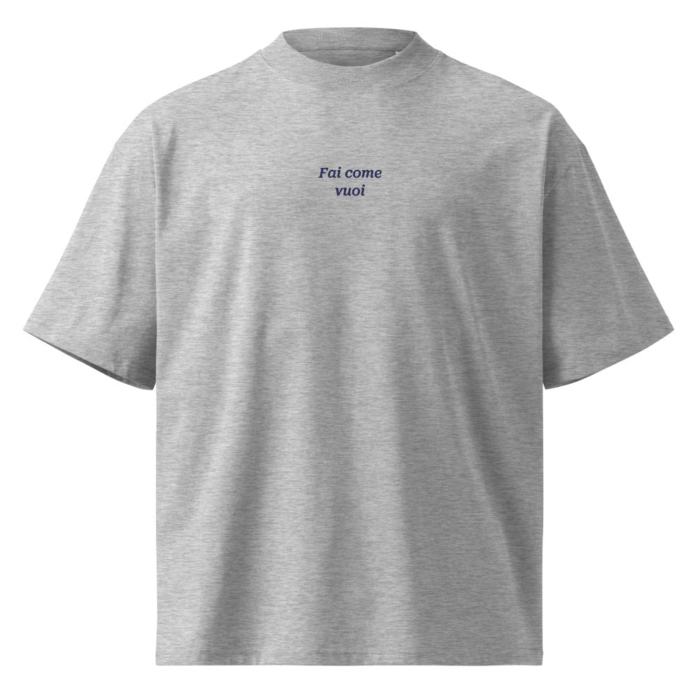 Fai come vuoi — t-shirt oversize grigia, ricamo blu