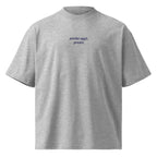 Anche oggi, presto — t-shirt oversize grigia, ricamo blu
