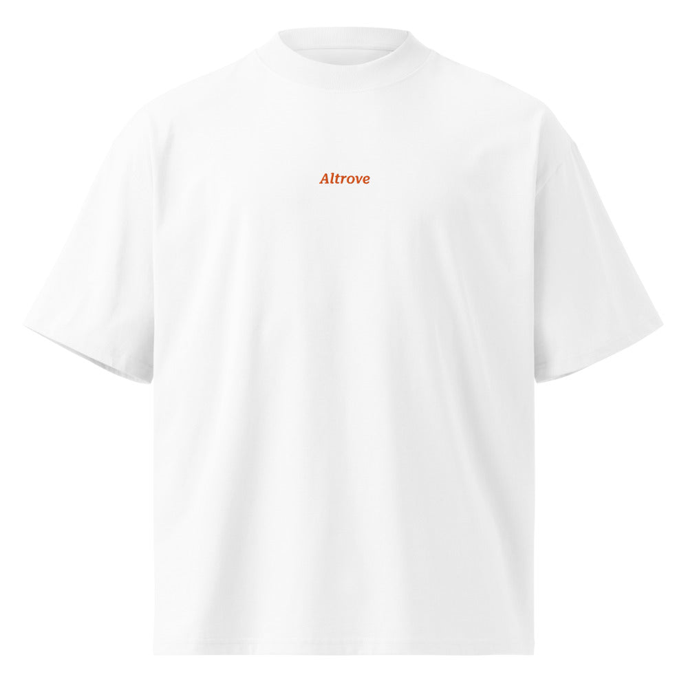 Altrove — t-shirt oversize bianca, ricamo arancione