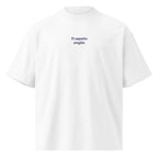 Ti aspetto sveglio — t-shirt oversize bianca, ricamo blu