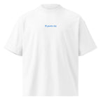 Ti porto via — t-shirt oversize bianca, ricamo acqua pavone