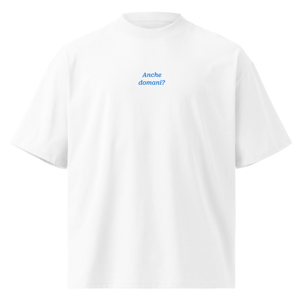 Anche domani? — t-shirt oversize bianca, ricamo acqua pavone