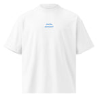 Anche domani? — t-shirt oversize bianca, ricamo acqua pavone