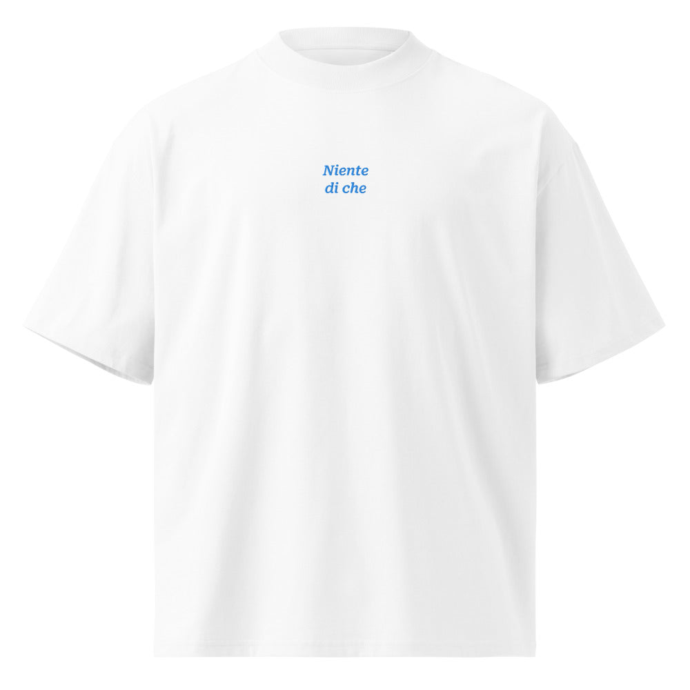 Niente di che — t-shirt oversize bianca, ricamo acqua pavone