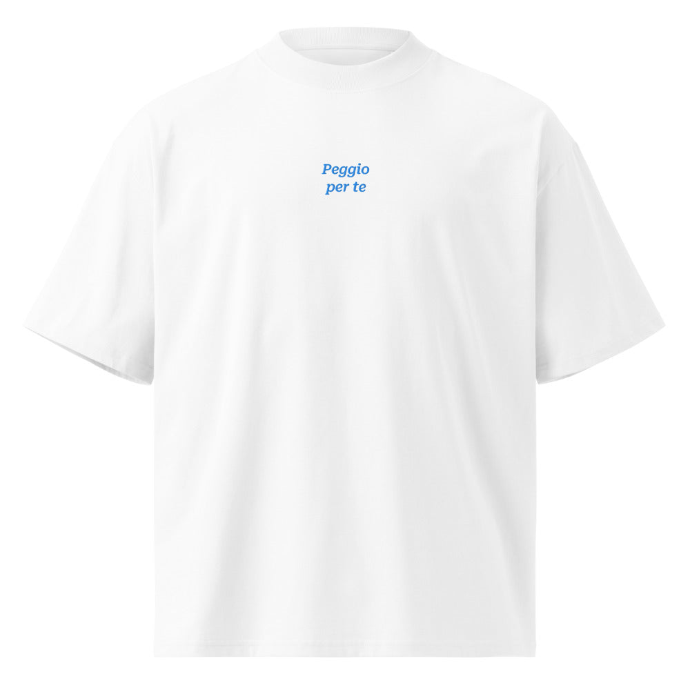 Peggio per te — t-shirt oversize bianca, ricamo acqua pavone