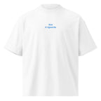Non ti riguarda — t-shirt oversize bianca, ricamo acqua pavone