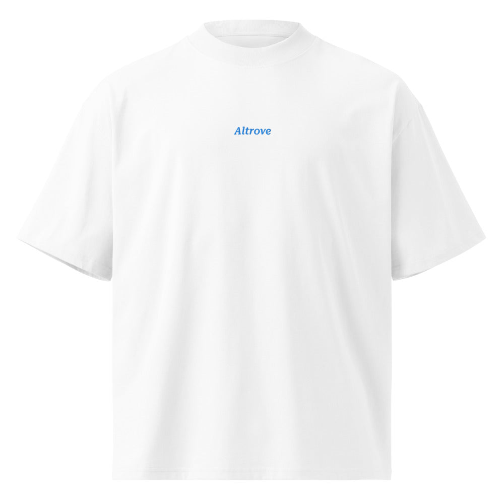 Altrove — t-shirt oversize bianca, ricamo acqua pavone