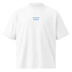 Ho perso il treno — t-shirt oversize bianca, ricamo acqua pavone