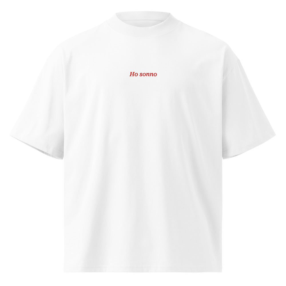 Ho sonno — t-shirt oversize bianca, ricamo rosso