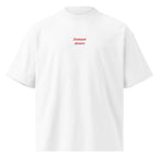 Domani sicuro — t-shirt oversize bianca, ricamo rosso