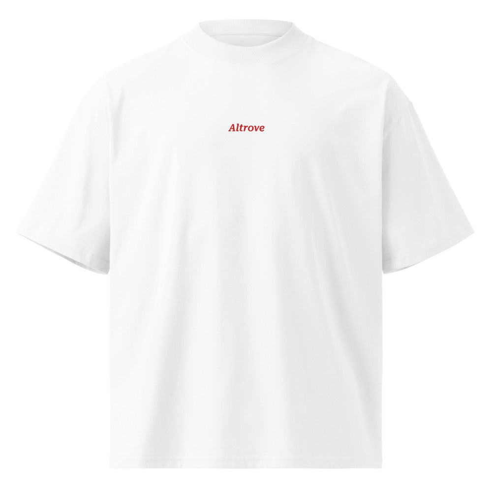 Altrove — t-shirt oversize bianca, ricamo rosso