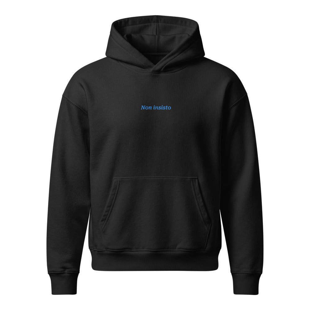 Non insisto — felpa con cappuccio nera, ricamo acqua pavone