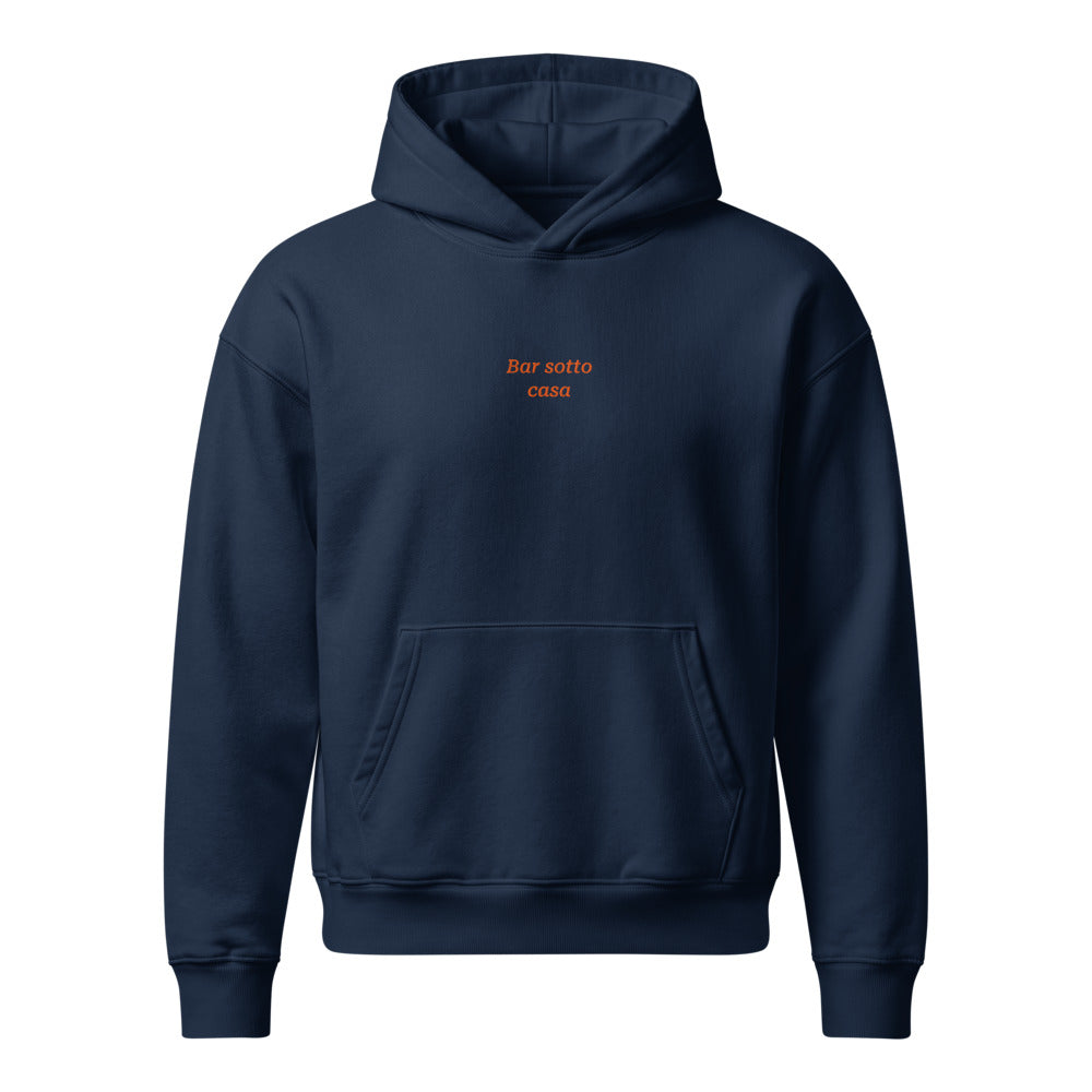 Bar sotto casa — felpa con cappuccio blu, ricamo arancione