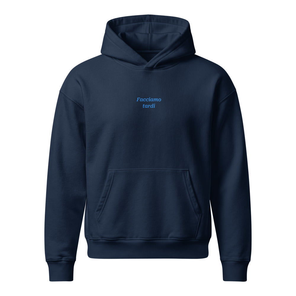 Facciamo tardi — felpa con cappuccio blu, ricamo acqua pavone