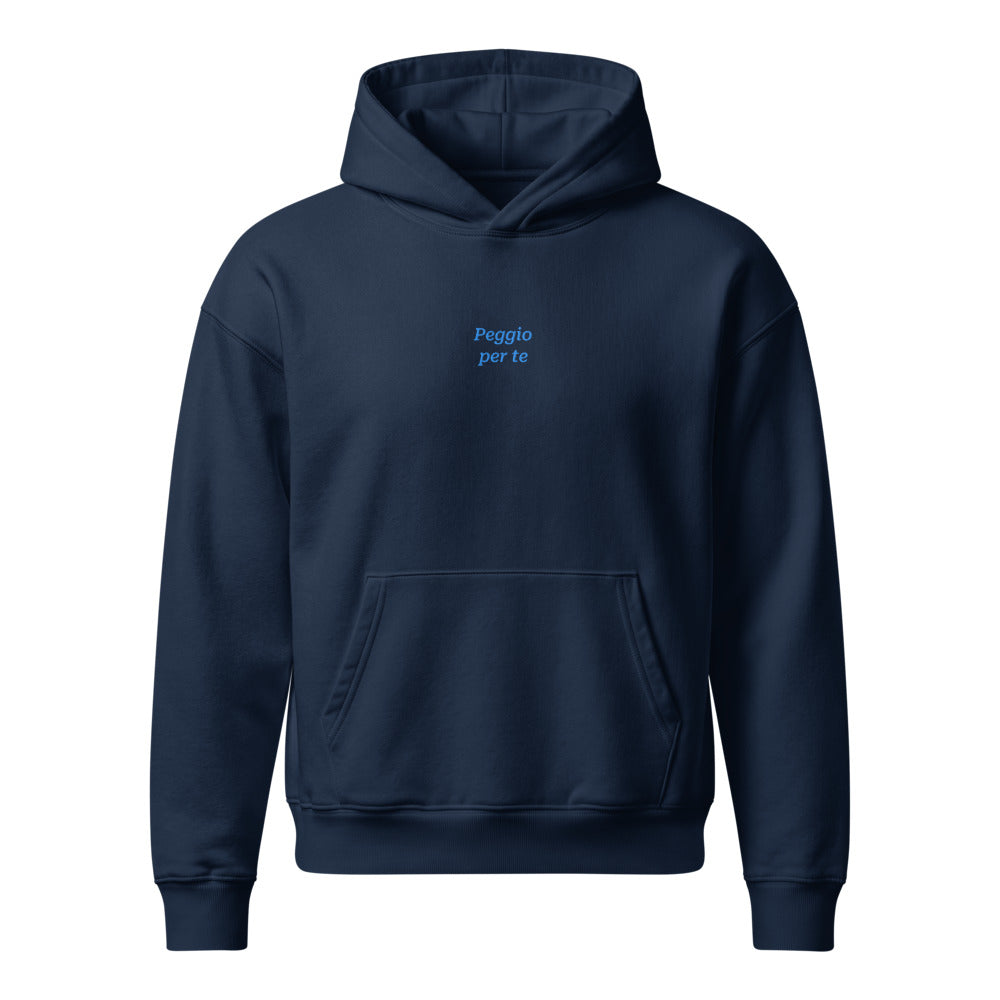 Peggio per te — felpa con cappuccio blu, ricamo acqua pavone