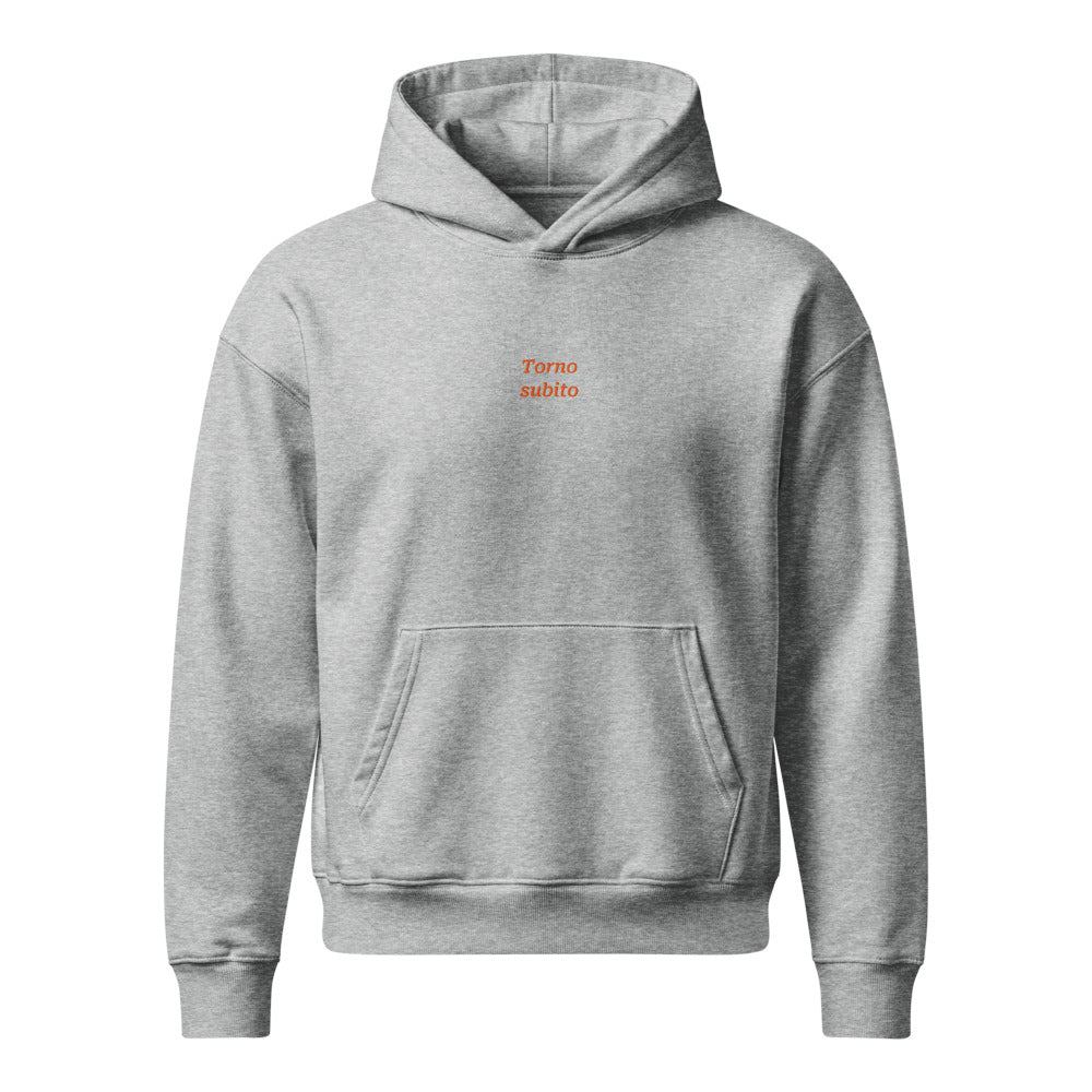 Torno subito — felpa con cappuccio grigia, ricamo arancione